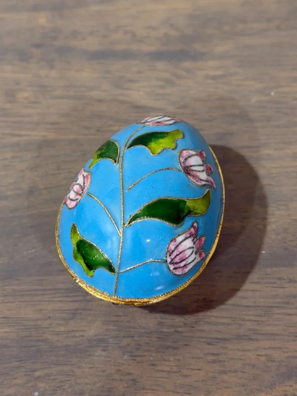 Vintage Floral Cloisonne Egg Shaped Trinket Box